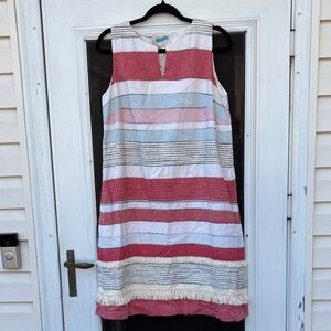 J McLaughlin ladies red blue ivory 70% COTTON SHIFT DRESS-L